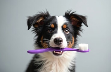 Smart dog is holding a purple toothbrush in its mouth. The pet poses against a neutral background for studio shot promoting dental care and pet wellbeing concept.