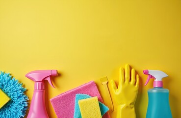 Assortment of vibrant cleaning tools sits on yellow background. Supplies include spray bottles cloths sponges glove. Tools suggest housework hygiene cleanliness service. Photo spring cleaning, home