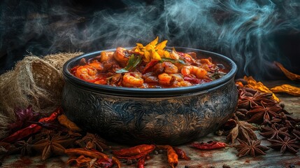 A steaming bowl of spicy shrimp soup set against a backdrop of Thai spices and herbs, emphasizing the rich flavors and culinary heritage of the dish