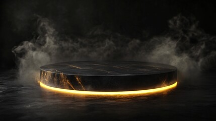 Luxury Stone Podium with Dark Obsidian, Golden Backlight, and Floating Smoke. Copy space. Generative AI