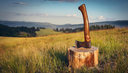 antique axe resting on a wooden chopping block in a grassy field