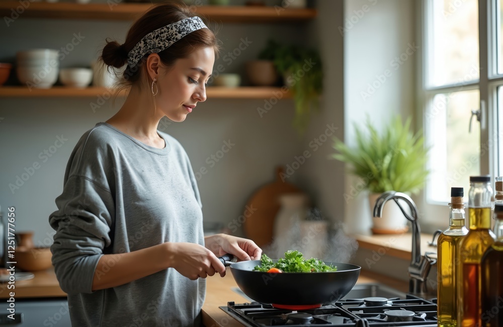 Wall mural Young woman cooks food in kitchen using wok. Female prepares healthy meal with green vegetables. Home cooking, culinary preparation, fresh ingredients and vibrant colors fill atmosphere.