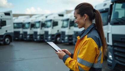 Specialist controls fleet of trucks routes using tablet. Logistic manager in yellow uniform monitors cargo transportation, optimizing delivery, maintenance. Woman uses online app for transport