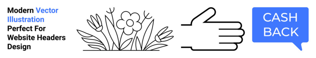 Hand giving thumbs up, vibrant flower element, and speech bubble with Cash Back. Ideal for advertisements, eco-marketing, loyalty programs, sales events, e-commerce, financial services flat landing