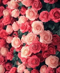 Naklejka premium Vibrant rose wall with pink and red blooms for romantic and floral decor inspiration