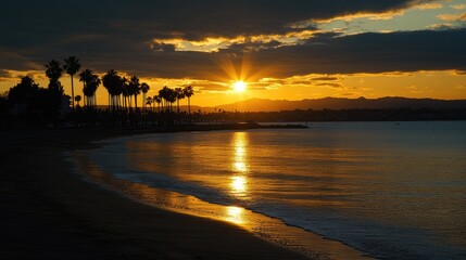 A stunning view of a beach at sunset, with silhouetted palm trees and the sun dipping below the horizon, casting golden reflections on the water