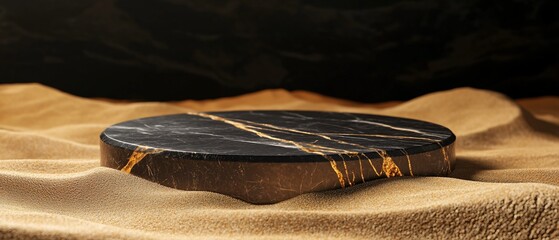 Luxury Stone Podium with Black Marble, Golden Veins, and Soft Sand Surrounding the Base. Copy space. Generative AI