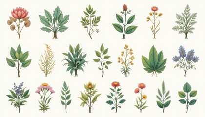 A set of decorative plant illustrations on a white background