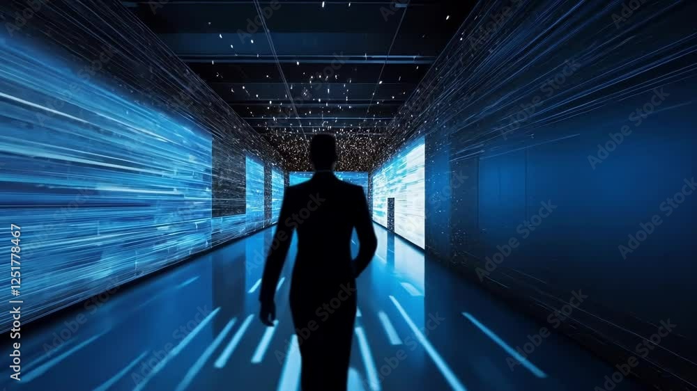 Aufkleber businessman is walking in a futuristic corridor with data flowing on the walls and floor, creating a