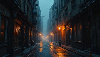 Fototapeta premium Illustration shows dark wet city street at rainy night. Old town buildings, street lights reflect on puddles on the road. Dramatic urban scene. Gloomy cityscape wallpaper or background.