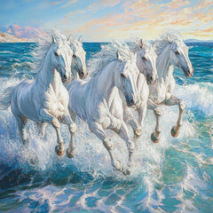 White horses with flowing manes gallop along the shimmering shoreline, their powerful forms contrasting against the vibrant sea.