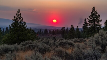 Obraz premium A sunset over a smoke-filled horizon, capturing the aftermath of wildfires fueled by climate change, with darkened skies and charred land