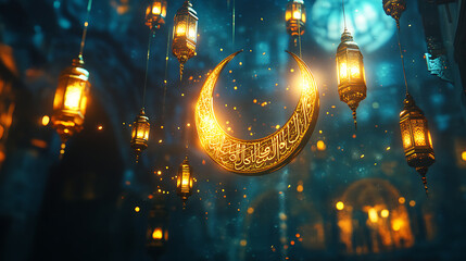Golden Crescent Moon and Lanterns Festive Celebration