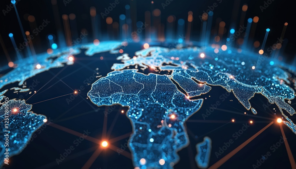 Poster abstract world map shows global network connection. digital earth visualizes worldwide communication