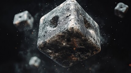 Stone dice falling dark space, game concept