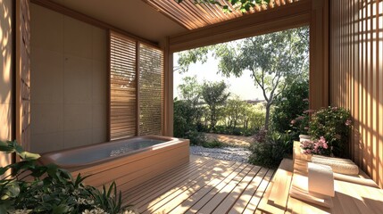 A traditional Japanese bathhouse onsen with natural wooden elements, a soaking tub, and a view of a private garden, providing a relaxing and authentic experience.