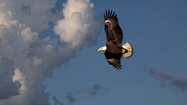 A majestic bald eagle soaring through the sky with its powerful wings fully extended, 