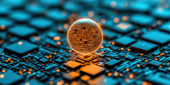 glowing globe on circuit board symbolizes advanced technology and connectivity