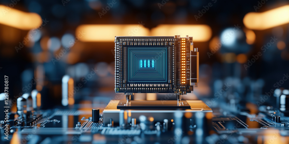 Poster detailed 3d render of blank quantum processor on circuit board