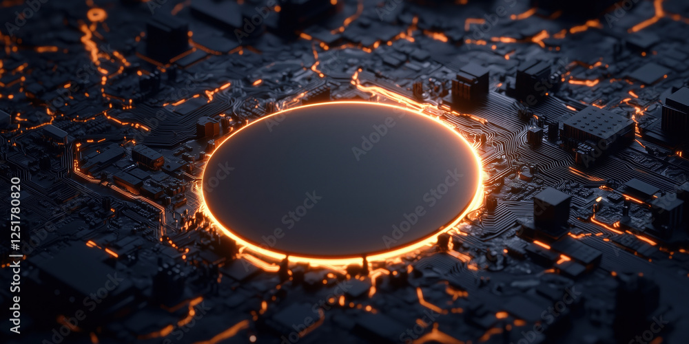 Poster highly detailed 3d render of blank quantum processor with glowing circuits