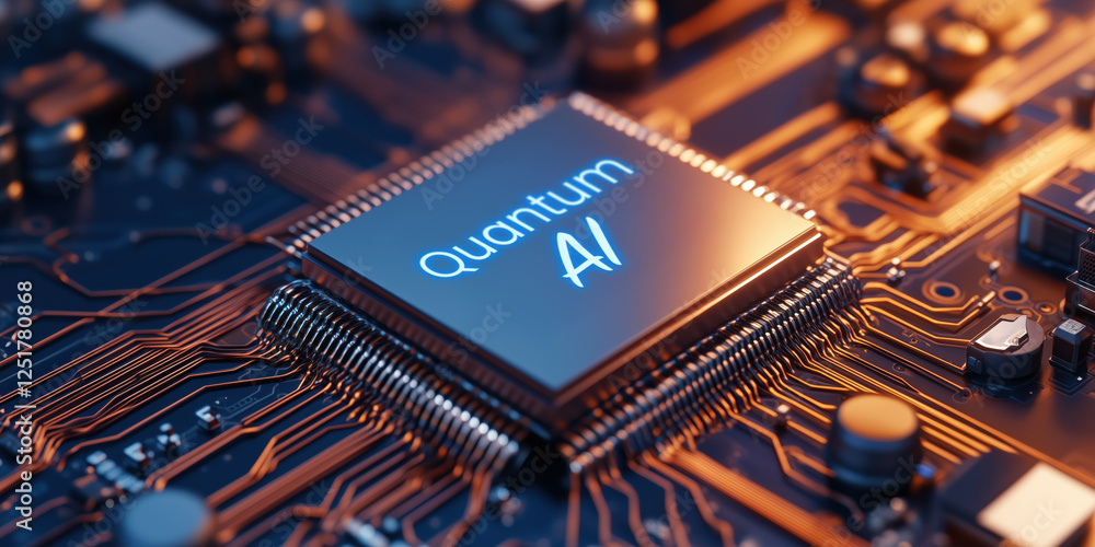 Poster high tech quantum processor with glowing ai label on circuit board
