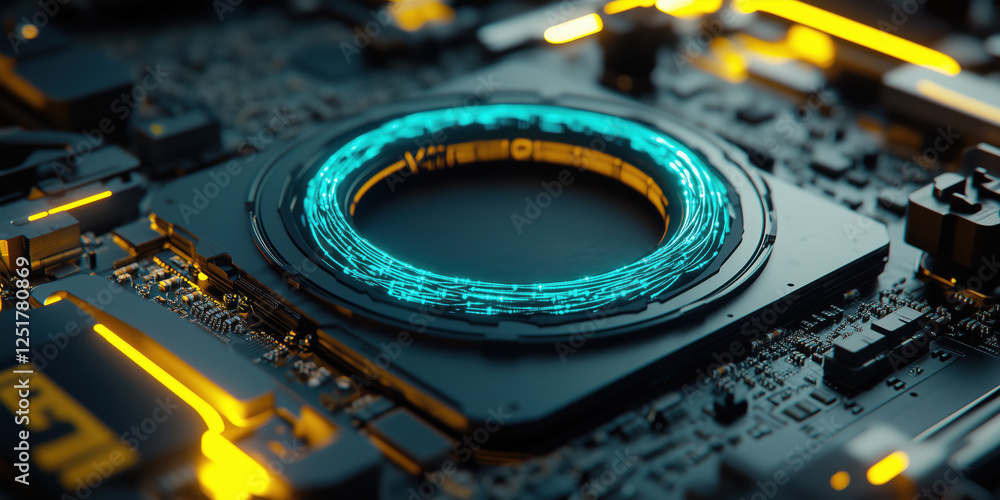 Poster highly detailed 3d render of quantum processor with glowing elements