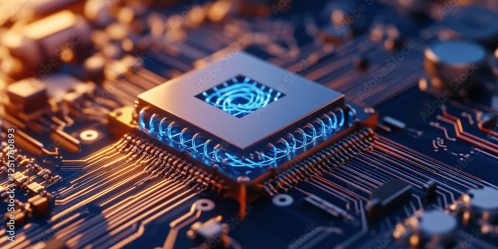 Poster highly detailed 3d render of quantum processor on circuit board