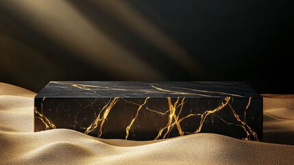 Luxury Stone Podium with Black Marble, Golden Veins, and Soft Sand Surrounding the Base. Copy space. Generative AI