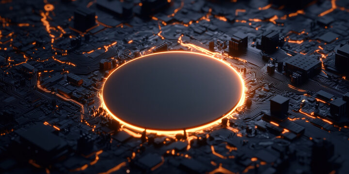 highly detailed 3D render of blank quantum processor with glowing circuits