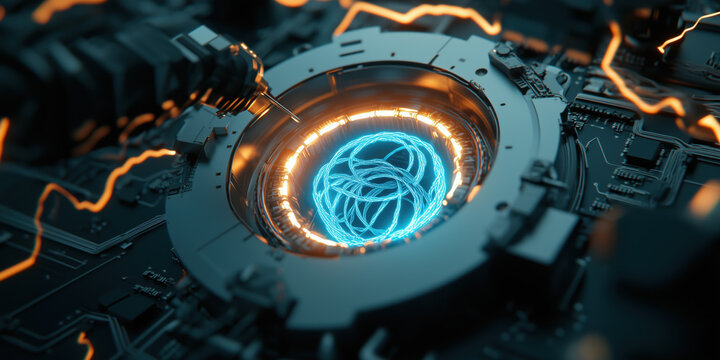 highly detailed 3D render of quantum processor with glowing elements