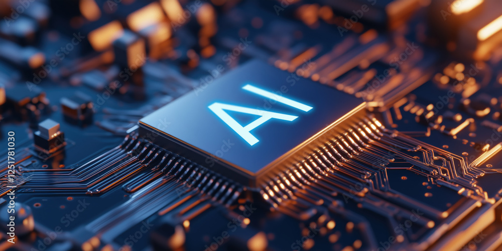 Poster detailed 3d render of quantum processor with glowing ai symbol