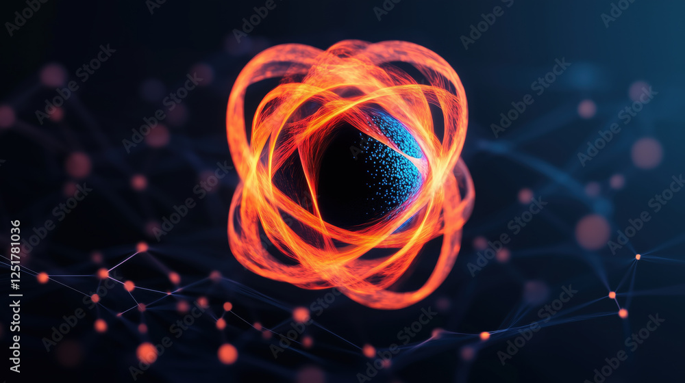 Poster vibrant atomic structure with glowing orbits and connections, symbolizing energy and science