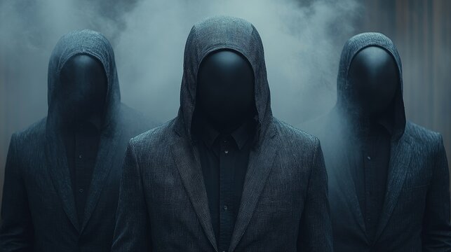 Three men are wearing hooded coats and standing in front of a foggy background