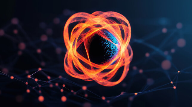 vibrant atomic structure with glowing orbits and connections, symbolizing energy and science