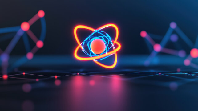 Digital illustration of atom with glowing electrons and connections