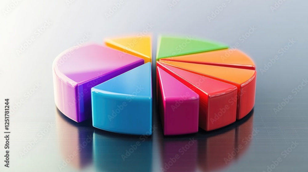 Poster a vibrant d pie chart with colorful segments floating above a reflective surface, representing finan