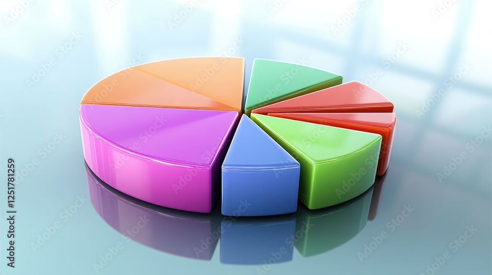 Poster a vibrant d pie chart with colorful segments floating above a reflective surface, representing finan