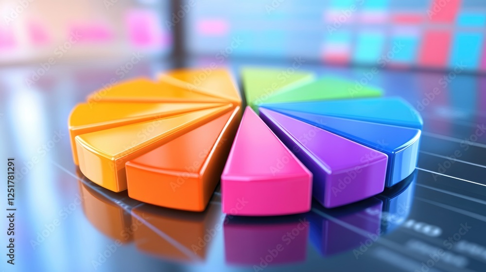 Poster a vibrant d pie chart with colorful segments floating above a reflective surface, representing finan