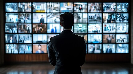 Security guard monitors screens in control room