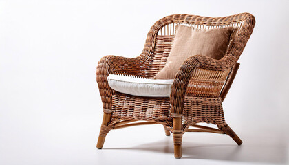 a rustic rattan armchair with a natural woven design and a comfy boho vibe isolated on a white background