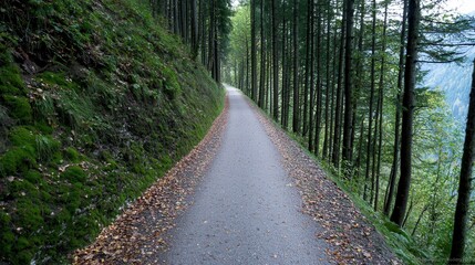 Naklejka premium Walking path through lush forest in scenic nature landscape tranquil environment serene viewpoint inviting concept for outdoor exploration