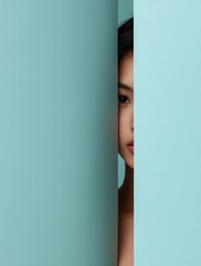 Beautiful female Korean model showcases youthful energy against a light blue backdrop with a summer dress, highlighting her clear facial features and charming expression