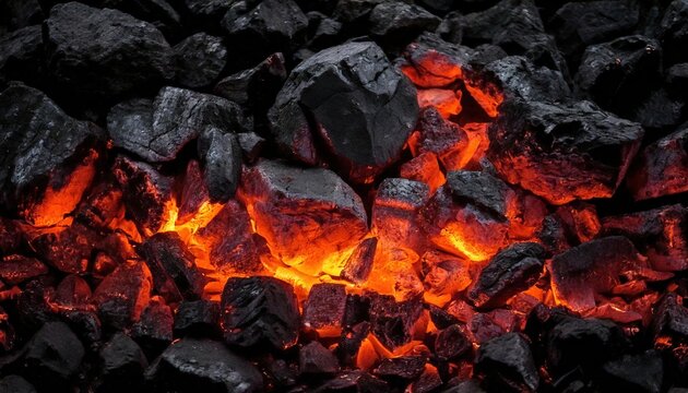 Glowing embers nestled among dark coal in a nighttime setting