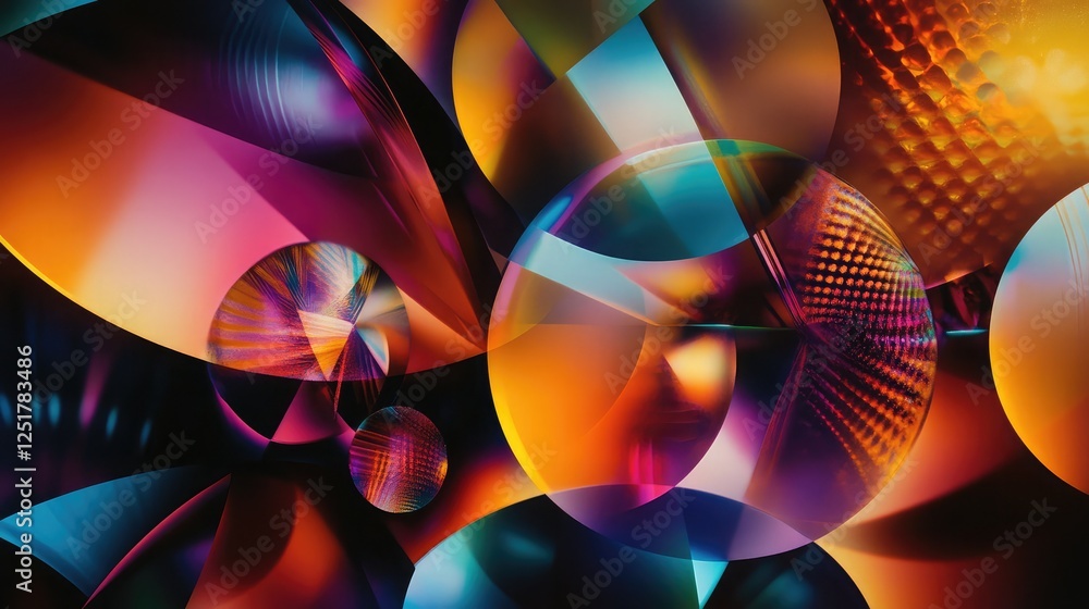 Poster abstract patterns and shapes in bold hues on a gradient background, arranged neatly