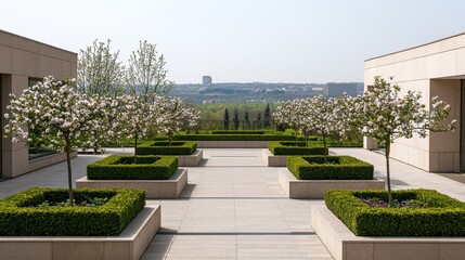 Obraz premium Serene spring garden with blossoming trees modern architectural setting outdoor landscape clear sky tranquil atmosphere