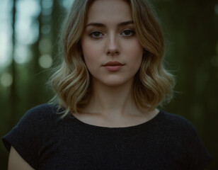 Mulher loira cabelo curto num ambiente natural