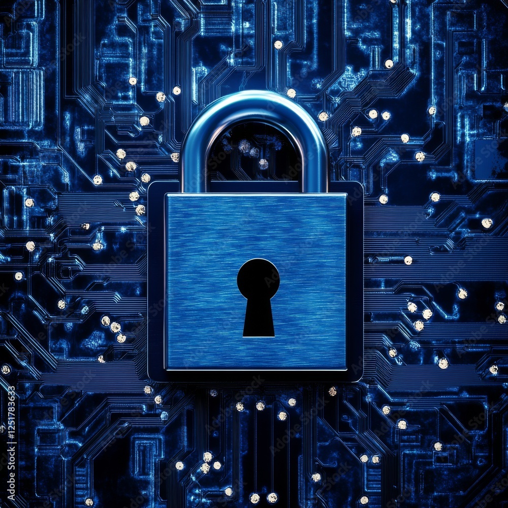 Poster secure digital lock on circuit board background, symbolizing cybersecurity