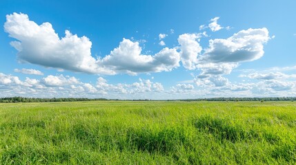 Fototapeta premium Sunny day, green field, blue sky, fluffy clouds, rural landscape