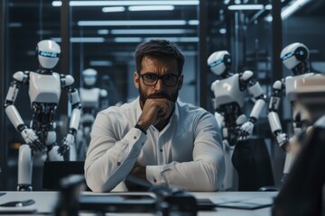 Anxious office worker surrounded by robots and artificial intelligence in modern workplace