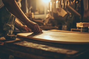 Craftsman polishing wooden surfboard in workshop with warm lighting